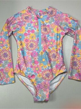 Wonder Nation Girls Floral Long Sleeve One-Piece Swimsuit Rash Guard sz S 6-6x